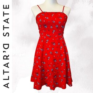 Altar'd State Red Poppy Mini Dress with Blue & White Flowers / Size Small